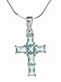 Sterling Silver Gem-Set Blue CZ Cross Pendant with Snake Chain