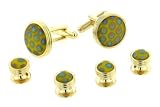 Yellow gold plated yellow peacock art glass cufflinks and shirt stud formal set with presentation box. Made in the U.S.A