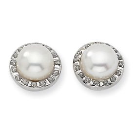 14k White Gold Diamond Facination Cultured Pearl Post Earrings - DF201