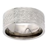 Titanium 10 mm (3/8") Flat Comfort Fit with Polished Celtic Knot work on Frosted Background Wedding Band. LIFETIME WARRANTY.
