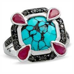 Gordon's Jewelers Turquoise and Ruby Sterling Silver Ring with Enhanced Black Diamond Accents