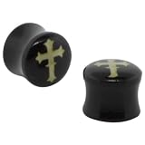 Pair 1/2" (12mm) - Black Acrylic Double Flared Ear Plugs with Gothic Cross Inlay
