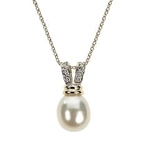 14k Yellow Gold 9.5mm Fresh Water Pearl and Diamond Pendant w/Chain 16"