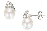 Cultured Freshwater Rice Pearl and Diamond 14K White Gold Earrings