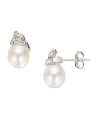 6.5-7mm Freshwater Pearl and Accent Diamond Accent Earrings in 14k White Gold, GHI, I1-I2