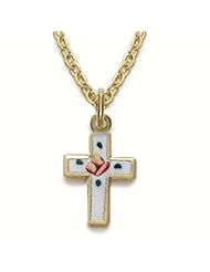 Highest Quality 14K Gold over .925 Sterling Silver Cross Pendant Necklace in an Enameled Rose Design Cross Pendant Necklaces Gold Gift Boxed.w/Chain Necklace 18" Length Gift Boxed.