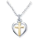 14K Gold Filled-Sterling Silver Two-Tone Cross and Heart Pendant and 13-inch Chain