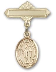 14K Gold Baby Badge with St. Joseph the Worker Charm and Polished Badge Pin