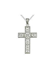 925 Sterling Silver Rhodium Medium Diamond Cut Cross Pendant - 16/18 Adjustable Chain Included