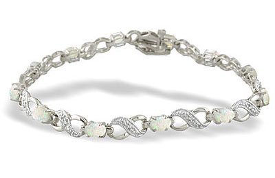 14K White Gold Genuine Oval Opal and Diamond Bracelet