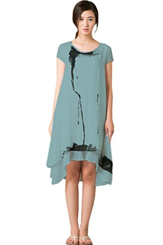 Azbro Women's Ink Painting Print Short Sleeves Loose Fit Plus Size High-Low Dress