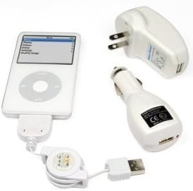 Cuffu Universal Apple Ipod USB Charger Kit - USB Retractable Hotsync Cable - USB Home Travel Charger - USB 12v Cigarette Lighter Charger