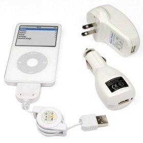 Cuffu Universal Apple Ipod USB Charger Kit - USB Retractable Hotsync Cable - USB Home Travel Charger - USB 12v Cigarette Lighter Charger