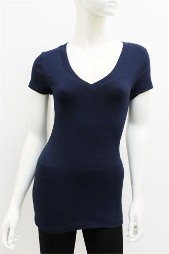 Ladies Plain Short Sleeve T-Shirt Round V-Neck Cotton Spandex, Multiple Colors
