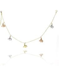 14K Tri Color Gold Sparkle Ball Chain Elephant Charms 9+1" Extender spring-ring clasp