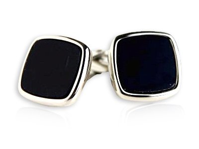 Stately Black Enamel Square Cufflinks Set in Silver with Presentation Box