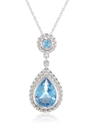 14k White Gold Blue Topaz and Diamond Drop Pendant, 18"