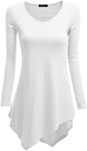 Niceclo Women's Long Sleeve Crewneck Handkerchief Hem Tunic Top Large White