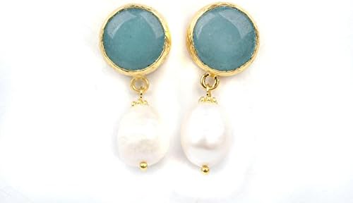 Bijuland Larimar Stone with Pearls Dangle Stud Setting 24K Gold Plated Brass Earrings