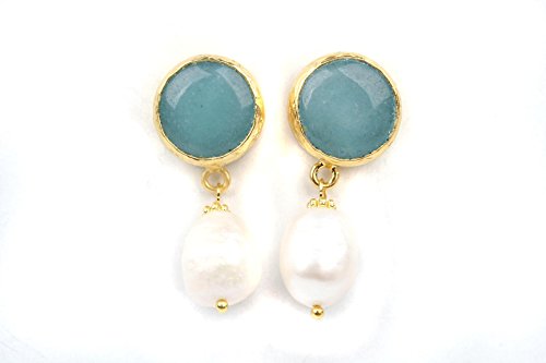 Bijuland Larimar Stone with Pearls Dangle Stud Setting 24K Gold Plated Brass Earrings
