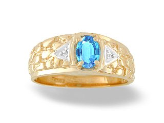 14K Yellow Gold Genuine Oval Blue Topaz Men's Ring