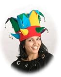 Adjustable Mardi Gras Jester Costume Hat with Horn Brim