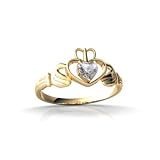 14K Yellow Gold Genuine Heart White Topaz Celtic Claddagh Ring