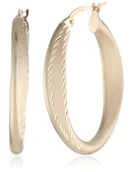 14k Yellow Gold Satin Finished Diamond Cut Semi-Oval Hoop Earrings