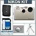 Nikon Coolpix S1100pj Digital Camera Kit - Silver - with 4GB SD Memory Card, Camera Case, Table Top Tripod, 2 Year Extended Service Coverage