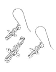 Sterling Silver Fashion Ankh Design Cross Pendant and Earrings Jewelry Set with Clear CZ