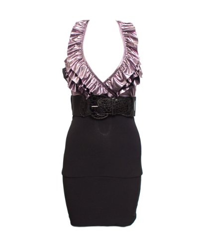 Ladies Pink Metallic V Cut Ruffled Halter Top Black Dress with Belt