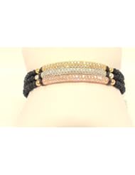 Stretch Bracelet Set of Three on 4mm Sapphire Blue Jade Beads with Sterling Cz Pave Bars Gold Plated Rose Gold and White Gold Plated Handmade 6.5 Inches Size