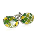 Two Tone Green and Yellow Enamel Oval Silver Cufflinks with Presentation Box