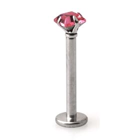 Stainless Steel Prong Set Pink CZ Labret Piercing Jewelry - 16g