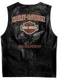 Harley Davidson Men's Driving Force Leather Vest--LIMITED EDITION. Lightweight leather. Snap front. Poly-twill lining. Two zippered hand warmer pockets and two inside pockets. Custom hardware. Embroidered leather patch on left chest. Large applique with embroidery on back. 97063-08VM