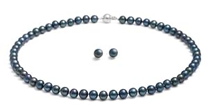 Ellena Pearl 8-9mm 18Inches 45cm Freshwater Cultured Black Pearl Necklace for Women & Matching Stud Earring Set as a FREE Gift
