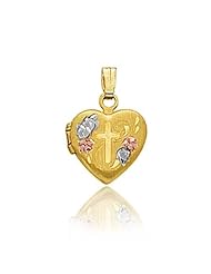 14K 3 Tone Gold Heart Floral & Cross Locket (10 x 10 mm)