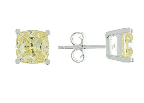 Platinum Plated Sterling Silver 7 x 7mm Cushion Cut Canary Yellow Cubic Zirconia Four-Prong Stud Earrings