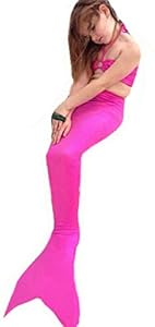 Little Girls Three Pieces Mermaid Tail Swimmable Costume Swimsuit Long Princess Dress (140cm/7T, Rose )