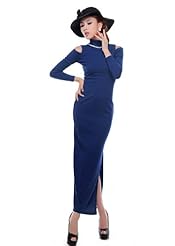 Sexy Ankle Length Turtleneck Off the Shoulder Cutout Stretchy Cotton/Elastane/Polyester Maxi Dress 