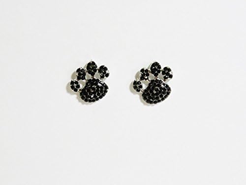 Black Rhinestone Paw Print Stud Earrings Post Cat Tiger Jaguar Jewelry