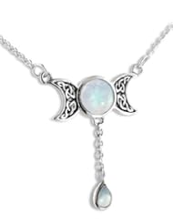 Sterling Silver Celtic Knot Triple Moon Phases Genuine Rainbow Moonstone 17" Necklace