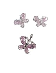 Sterling Silver Pink Butterfly Pendant and Earrings