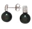 14k White Gold, Diamond & Tahitian Black Pearl Post Earrings (0.16ctw)