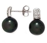14k White Gold, Diamond & Tahitian Black Pearl Post Earrings (0.16ctw)