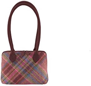 Authentic Islay Tweed and Leather Designer Over Shoulder Handbag in Classic Pink Traditional Check