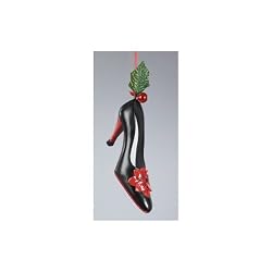 4" Ladies High Heel Black Shoe with Red Poinsettia and Holly Christmas Ornament