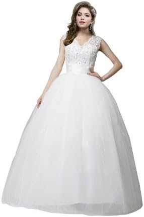 Ibeauty Lace Deep V-neck Floor-length White Wedding Bridal H13744