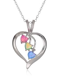 Sterling Silver Diamond-Accent Heart Pendant Necklace with Three Created-Multi-Colored, Pink, Green and Blue, Opal Heart Drops and Rolo Chain, 18"