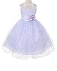 Girls Illusion  Fitted Sheer Tea Length Organza Bateau Neck Polka Dot Print Flower-Girl Dress  With a Bow(s) and a Sash 